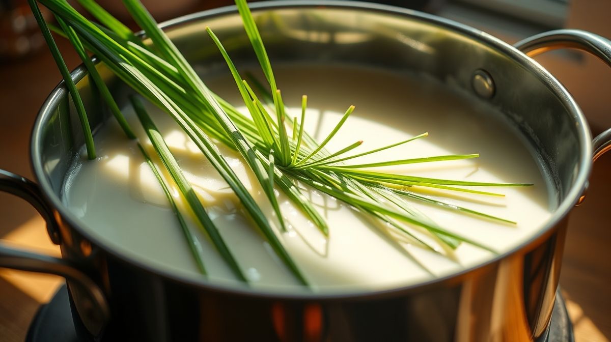 Imagem close-up do processo de preparo do bolo vegano de capim limão, mostrando folhas frescas de capim limão sendo mergulhadas em leite de coco em uma panela