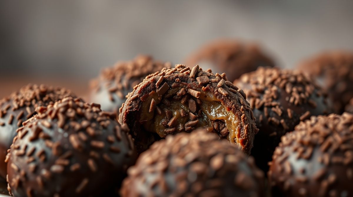 close-up de brigadeiros de café enrolados, chocolate granulado ao redor, textura cremosa visível, fundo desfocado, iluminação destacando brilho do chocolate, composição elegante
