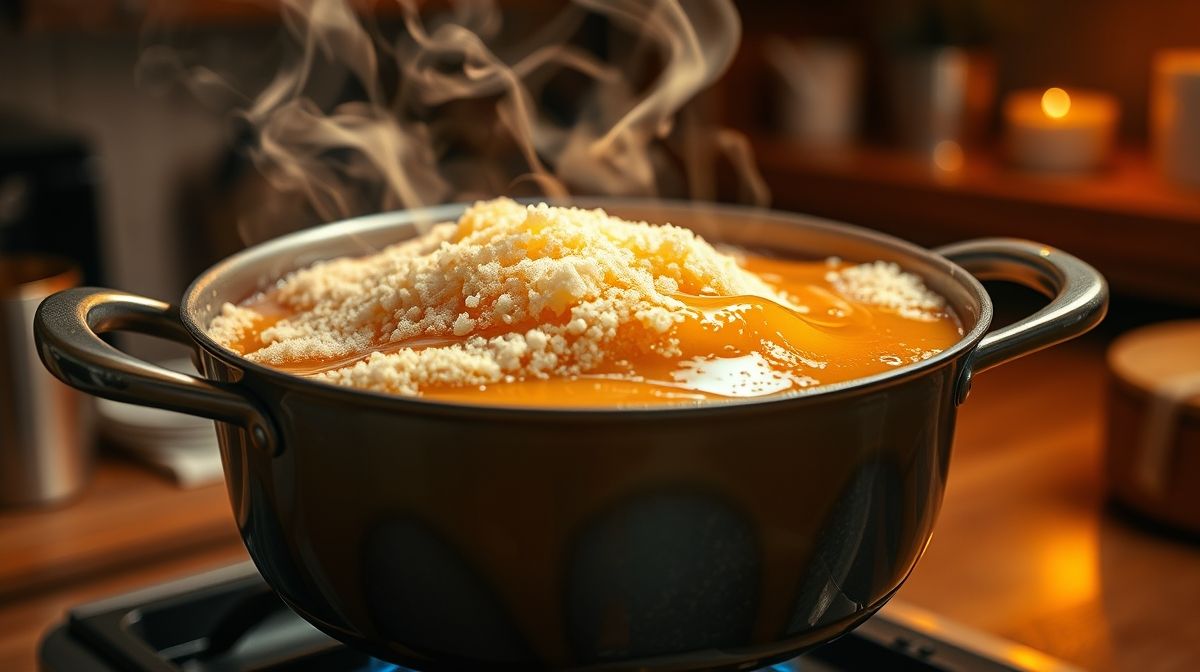 Imagem detalhada do processo de preparo do caramelo cremoso, mostrando o açúcar derretendo em panela de fundo grosso, fogo baixo, cor âmbar intensa e detalhes do vapor e brilho da manteiga derretida, ambiente de cozinha acolhedora