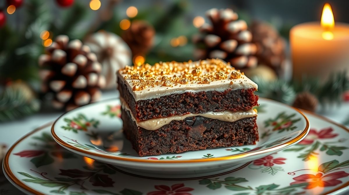Imagem detalhada de um pedaço de brownie de Natal coberto com brigadeiro e confeitos dourados, em um prato decorado com motivos natalinos, com fundo desfocado mostrando elementos festivos como pinhas e velas