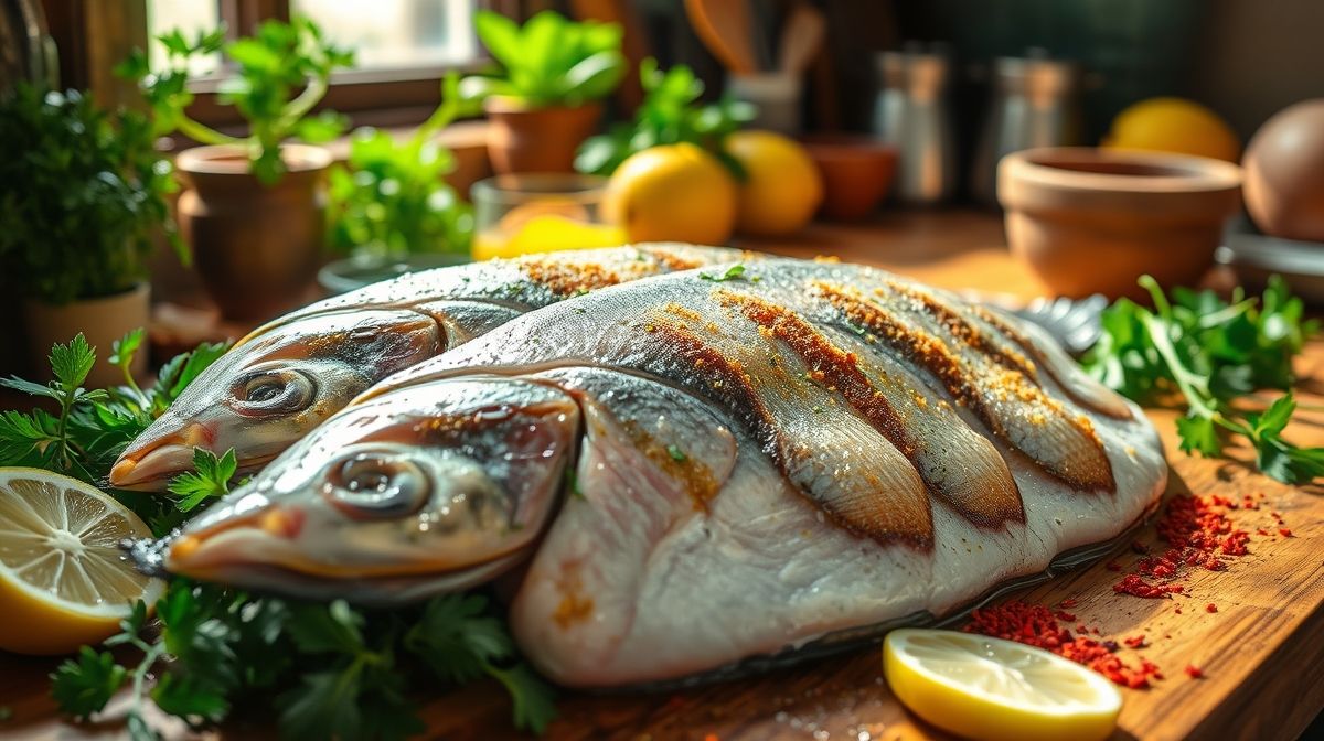 close-up de postas de tucunaré marinando com limão e temperos frescos, tigela com peixe cru iluminada pela luz natural, ambiente de cozinha caseira