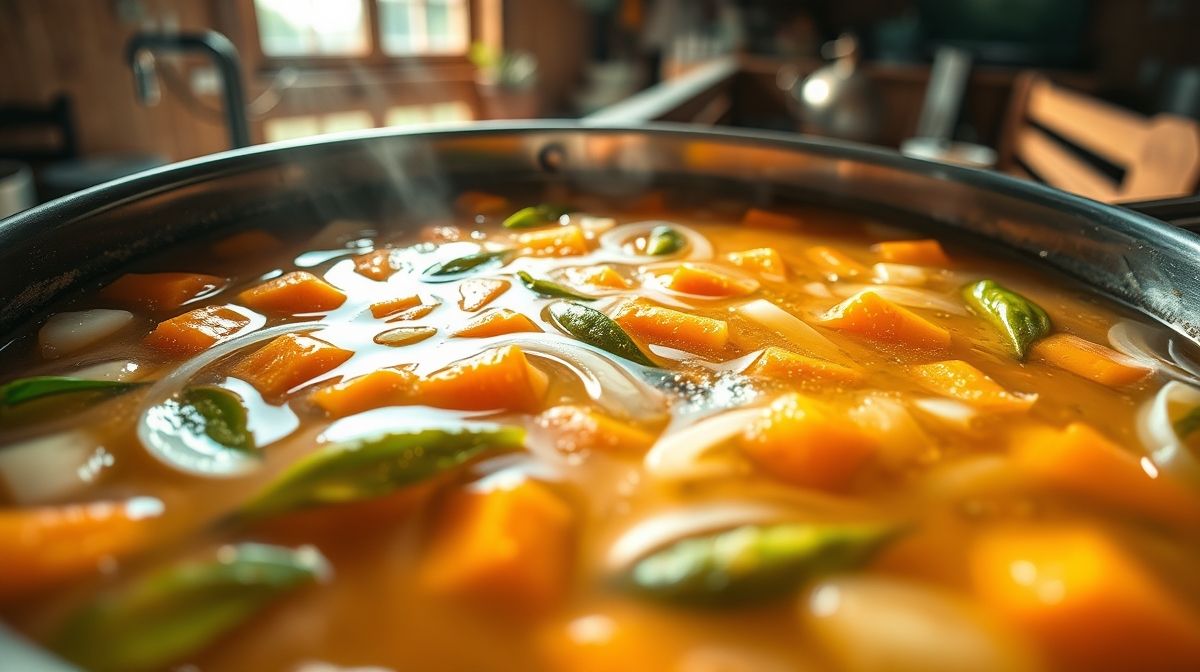 Imagem close-up de líquidos dourados claros em uma panela de metal com pedaços de cenoura, cebola e folhas verdes flutuando, cenário rústico de cozinha, estilo fotográfico realista