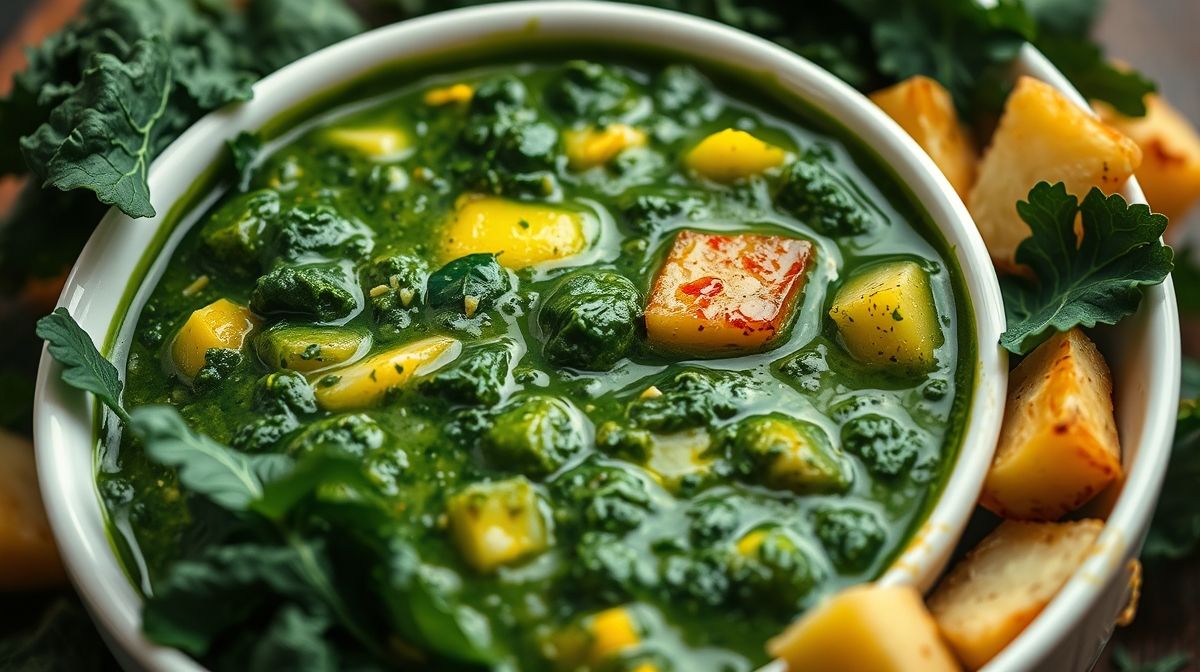 Close-up de caldo verde vegano servida em tigela branca, mostrando textura cremosa e verde intensa, acompanhada de cubinhos de batata frita e folhas frescas de couve ao redor