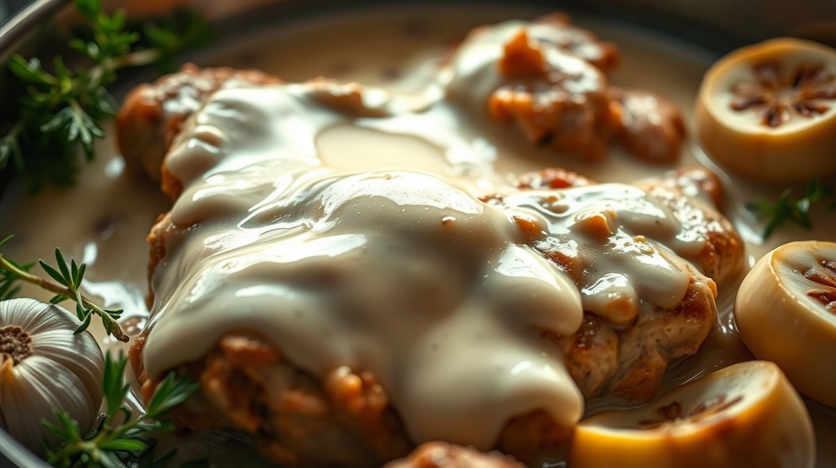 Close-up da carne ao molho branco com creme de leite em uma panela, mostrando textura cremosa, ingredientes frescos ao redor, estilo culinário realista