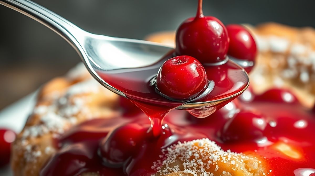 Close-up de uma colher com cerejas em calda vermelhas e brilhantes sendo despejadas sobre um bolo caseiro, com textura fofa e detalhes vibrantes, iluminado natural