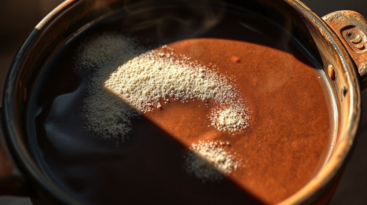 Detalhe do preparo do champurrado mineiro em panela, mostrando o chocolate amargo derretendo junto com fubá e rapadura, com textura cremosa e espuma leve, em luz natural quente