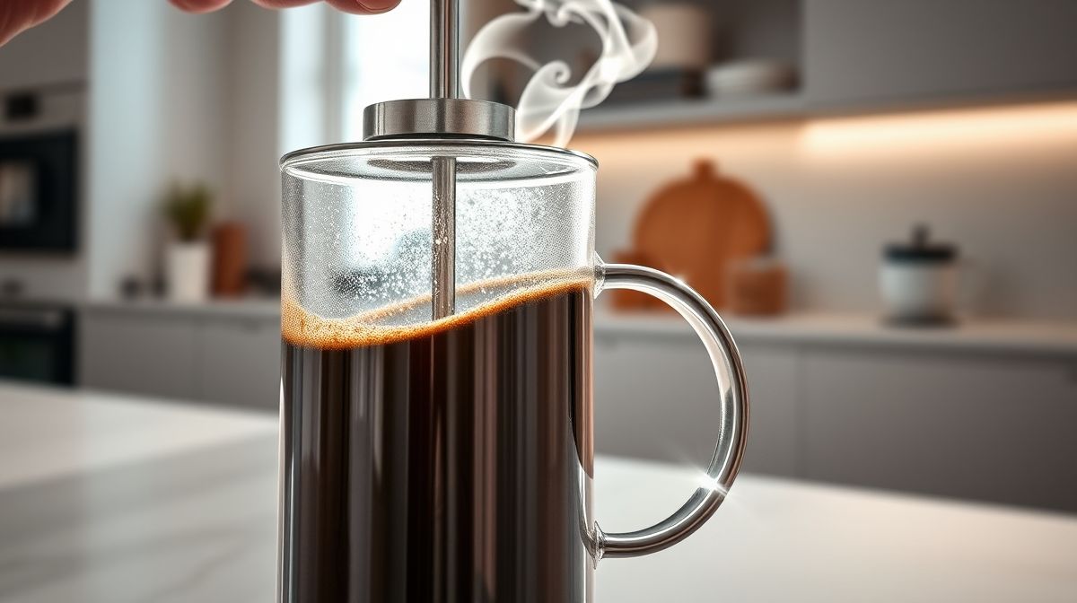 close-up de café sendo preparado na prensa francesa, mostrando o êmbolo e o café moído, com foco nítido, em ambiente de cozinha moderna, luz natural