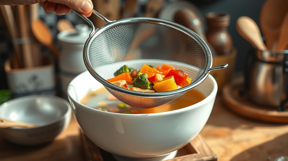 Close-up de uma mão coando o caldo de legumes caseiro usando uma peneira metálica sobre uma tigela branca, legumes cozidos visíveis na peneira, fundo desfocado com utensílios de cozinha