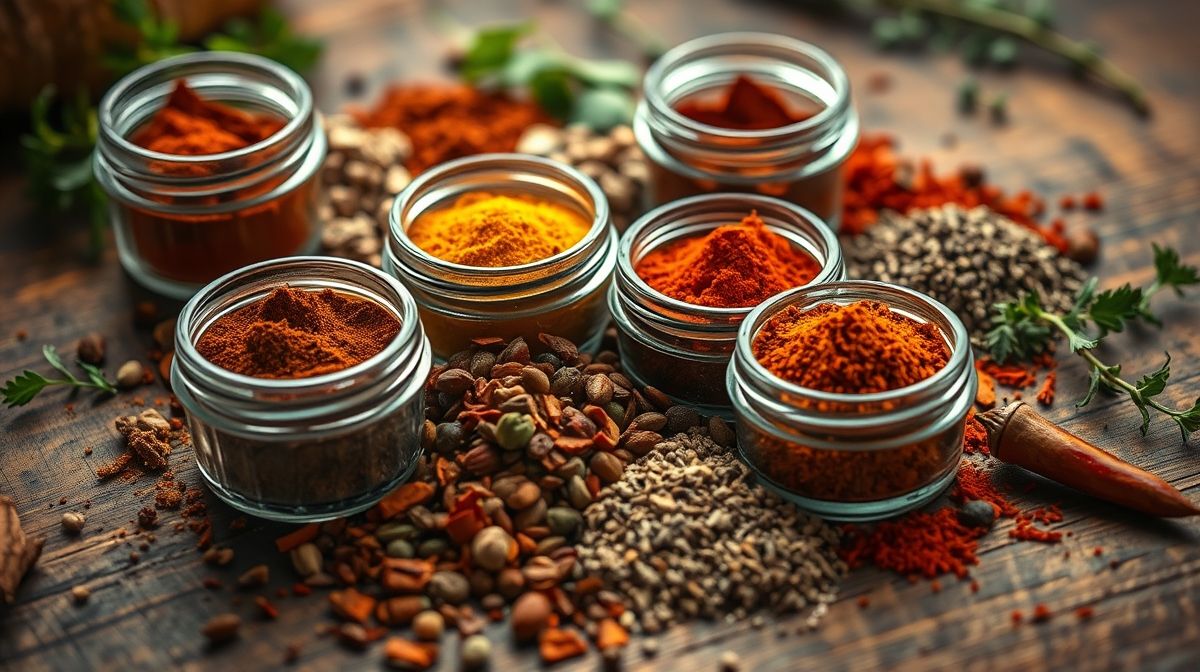 Close-up dos ingredientes do dry rub em potes pequenos, mostrando páprica, cominho, pimenta caiena e orégano espalhados artisticamente sobre uma superfície de madeira