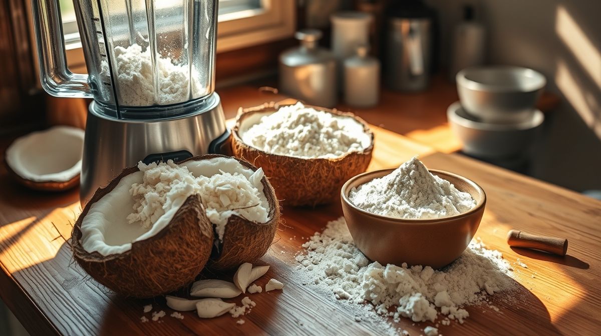 Imagem do processo de preparo da farinha de coco caseira, mostrando coco fresco ralado, liquidificador e farinha pronta em uma tigela