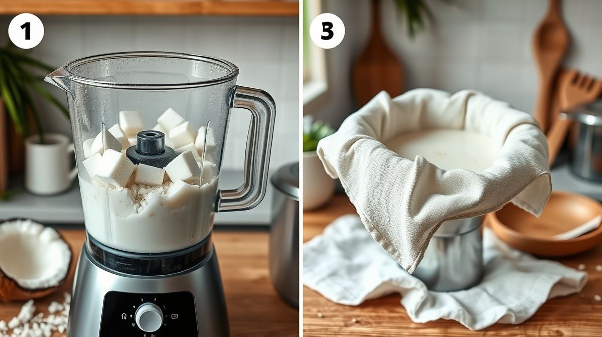 Passo a passo do preparo do leite de coco caseiro: coco fresco ralado e cortado em cubos, liquidificador com mistura branca, pano limpo para coar o leite, ambiente de cozinha bem iluminado e utensílios simples