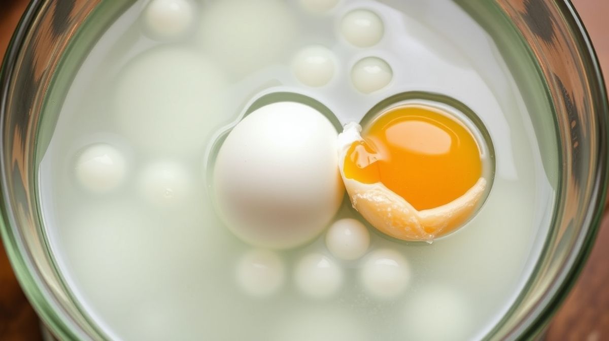 Imagem detalhada do processo de cozimento de ovo pochê em água quente com pequenas bolhas, foco na clara unida e gema cremosa