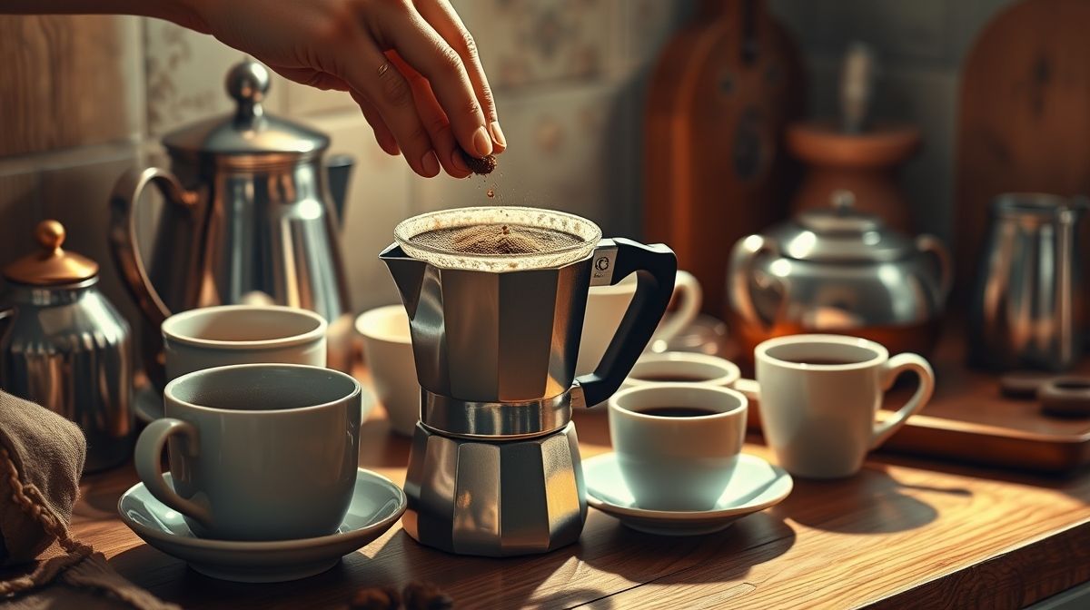 Imagem detalhada da preparação de café usando cafeteira italiana, mostrando as mãos colocando café moído no filtro da Moka, design realista e foco em utensílios de cozinha clássicos, ambiente aconchegante