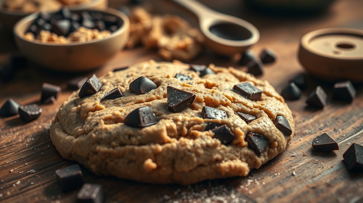 massa de cookie de tahine com pedaços de chocolate meio amargo sendo preparada, close artístico, utensílios de cozinha sobre mesa de madeira, iluminação suave