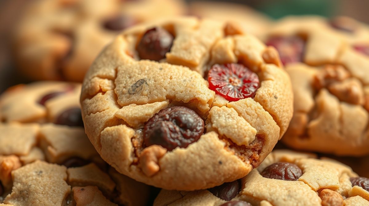 Close-up de cookies fit de aveia com textura macia e crocante, ingredientes naturais ao redor como aveia, açúcar mascavo, castanhas e frutas secas
