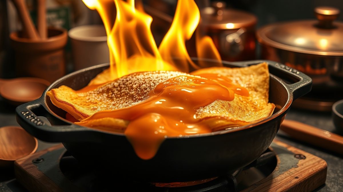 close-up de crepes flambados em frigideira de ferro, calda de laranja borbulhando, chama de fogo visível, ambiente de cozinha gourmet, utensílios culinários tradicionais, cores quentes e apetitosa apresentação