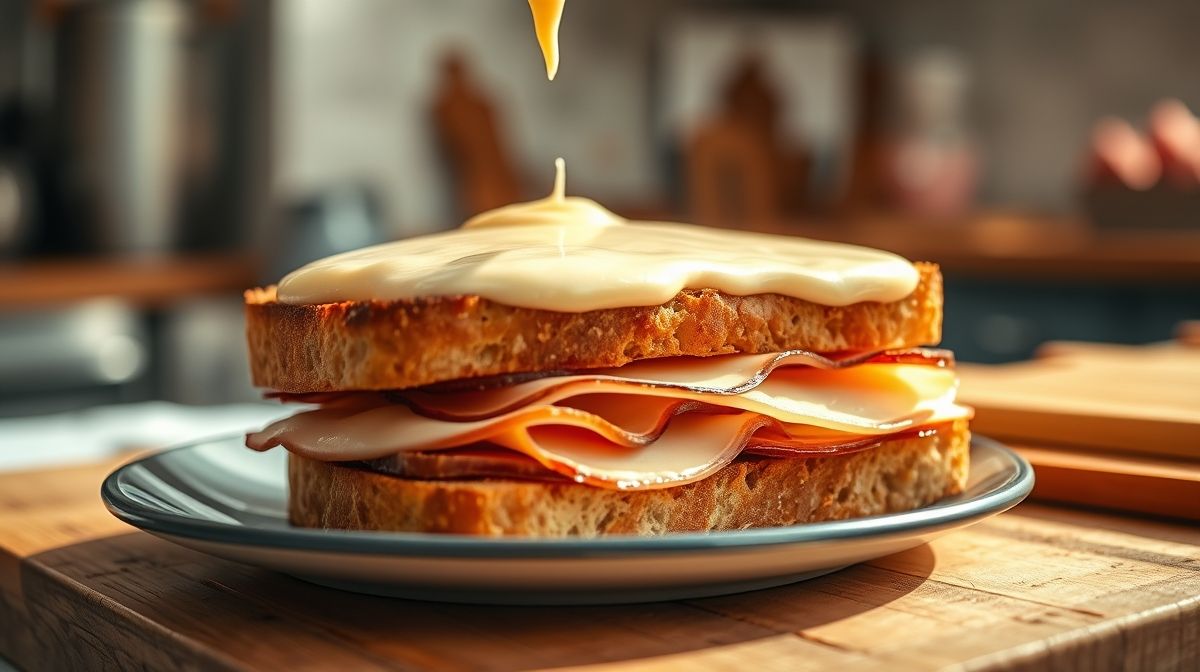Foto detalhada do processo de montagem do Croque Monsieur, mostrando fatias de pão, presunto e queijo mussarela sendo cobertos com molho bechamel cremoso em uma cozinha bem iluminada
