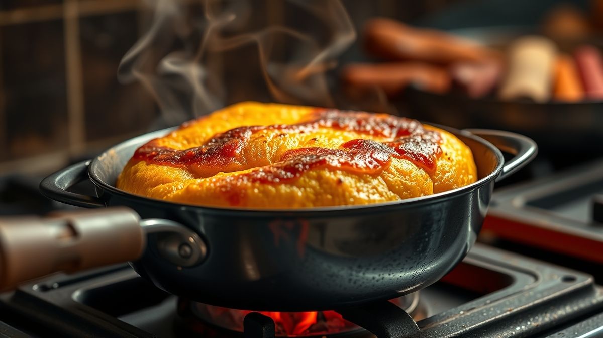 Close-up de cueca virada fofinha sendo frita em óleo quente, mostrando textura crocante dourada, cozinha caseira, foco em detalhes, cores vibrantes e quentes