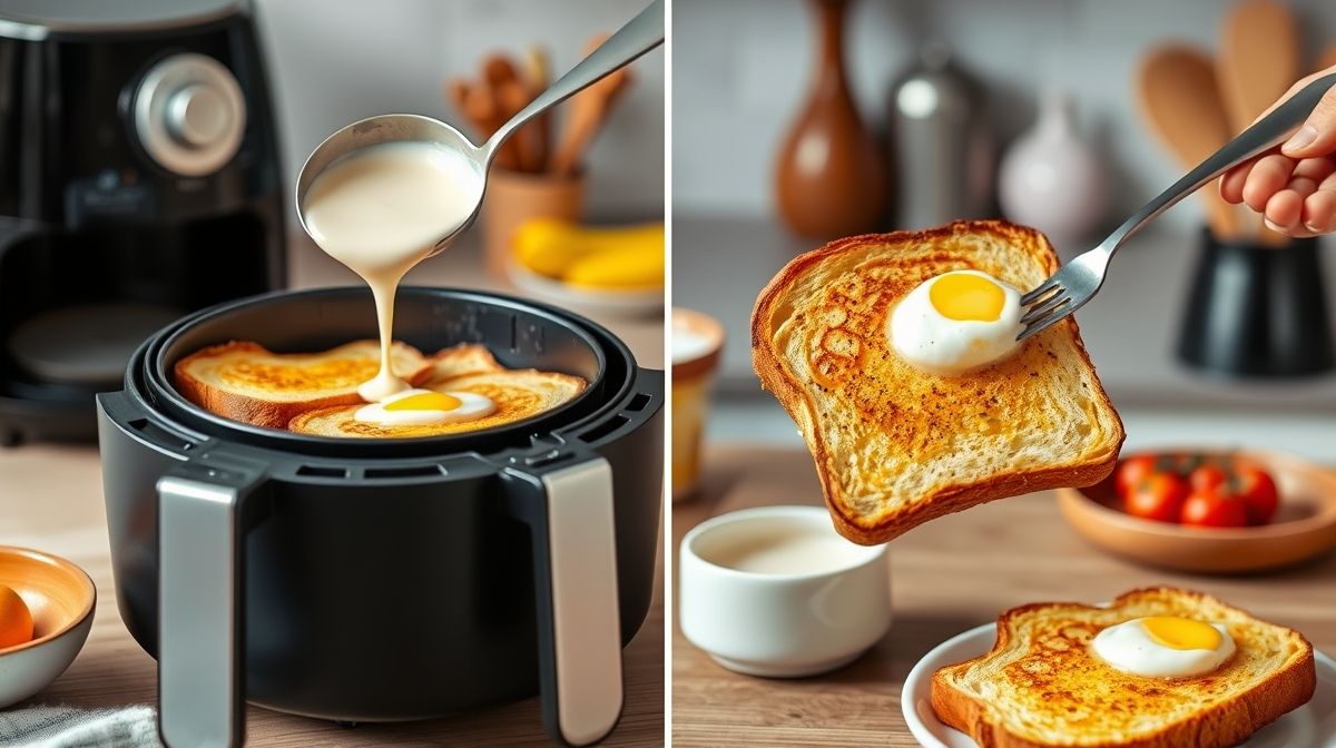 Imagem detalhada do preparo da custard toast na air fryer, mostrando o creme de iogurte e ovo sendo recheado no pão 12 grãos, cenário de cozinha caseira com utensílios modernos