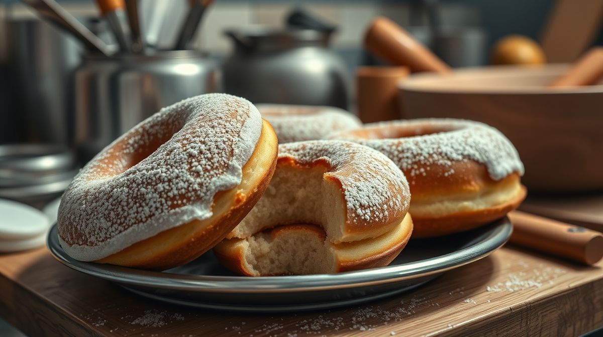 close-up de donuts a moda antiga com casquinha craquelada e massa úmida, mostrando textura crocante por fora e macia por dentro, ambiente de cozinha aconchegante e utensílios para preparo, estilo fotorealista