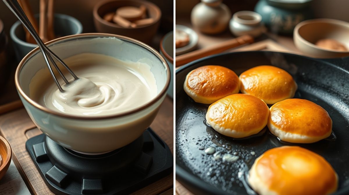 Passo a passo do preparo de dorayaki: ingredientes frescos, massa clara sendo preparada em tigela, fogo baixo na frigideira com panquecas douradas, ambiente de cozinha tradicional japonesa