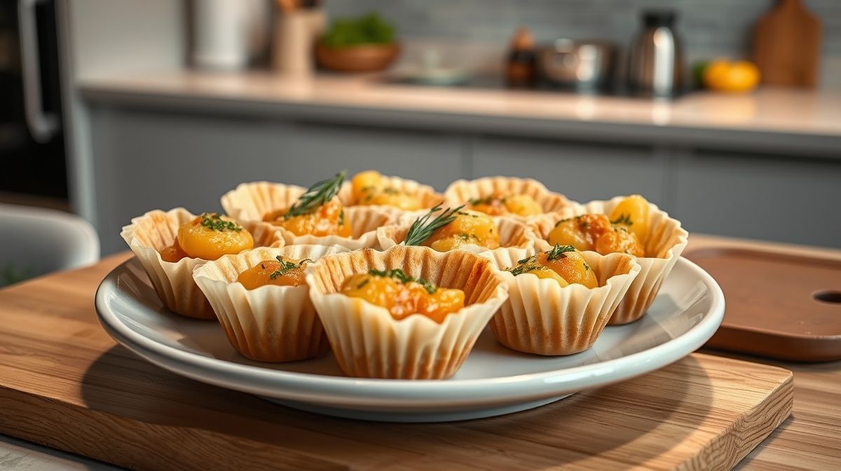 várias empadinhas fit de batata doce dispostas em uma forma de assar, destacando a massa dourada e o recheio cremoso, ambiente de cozinha minimalista e moderna, foco em textura e cor