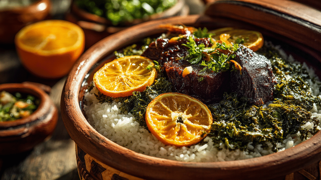 Close-up da feijoada no prato, mostrando o caldo encorpado, carnes e rodelas de laranja