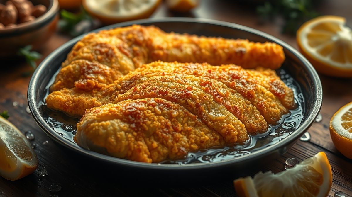 Close-up de filés de abrótea empanados e dourados, crocantes, preparados em frigideira com óleo quente, textura apetitosamente crocante, estilo comida caseira brasileira.