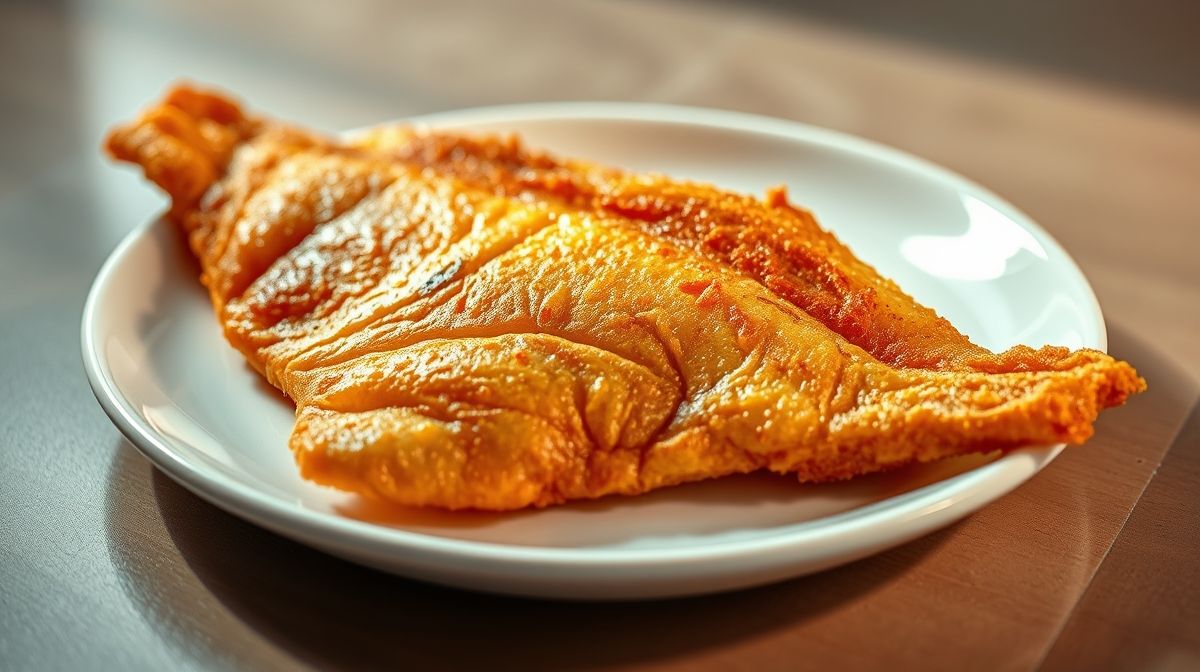 Close-up de filé de peixe à dorê dourado e crocante em prato branco, textura da crosta em destaque, iluminação suave