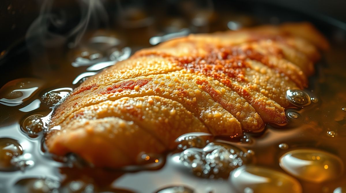Close-up de filé de peixe à milanesa crocante sendo frito em óleo quente, bolhas visíveis, temperatura controlada, tons quentes e apetitosos