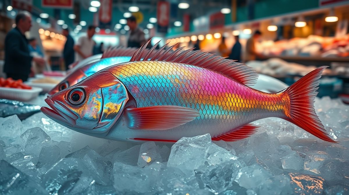 peixe anjo inteiro com escamas coloridas sobre superfície de gelo, ambiente de mercado de peixes, iluminação suave natural