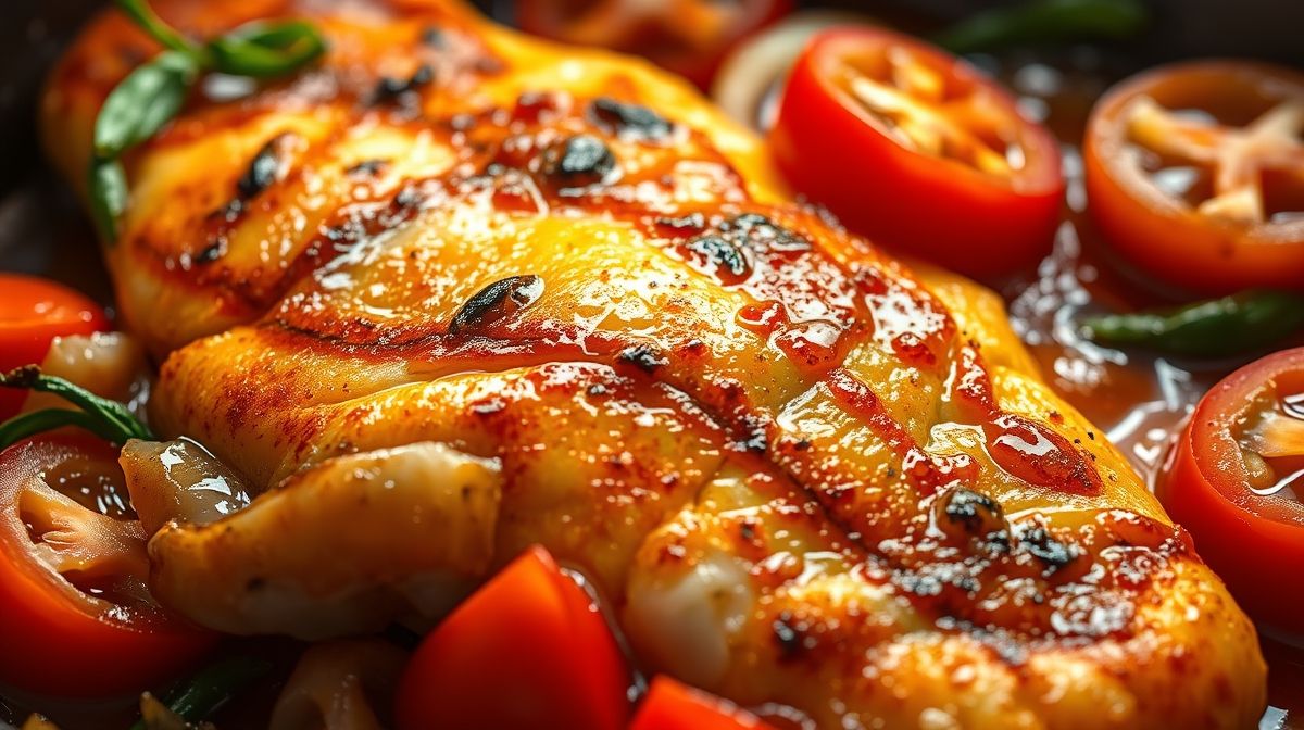 Foto close-up de filé de pescada amarela no forno, cuberto com rodelas de tomate, pimentão e cebola, mostrando textura dourada e molho levemente brilhoso, estilo culinário autêntico
