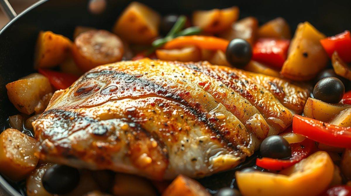 Close-up de filé de tilápia à portuguesa na frigideira, com batatas, cebola, pimentões coloridos e azeitonas, mostrando textura suculenta e dourada
