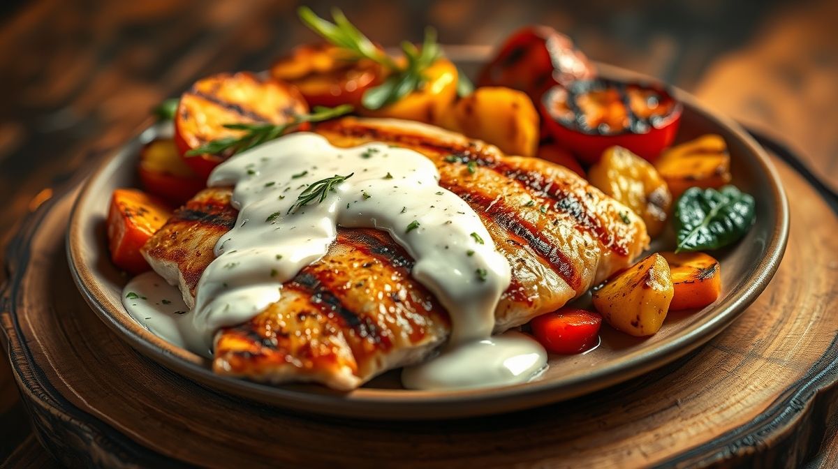 Close de filé de tilápia grelhado com molho branco cremoso, textura suave, com guarnição de legumes grelhados coloridos, apresentação apetitosa em prato rústico