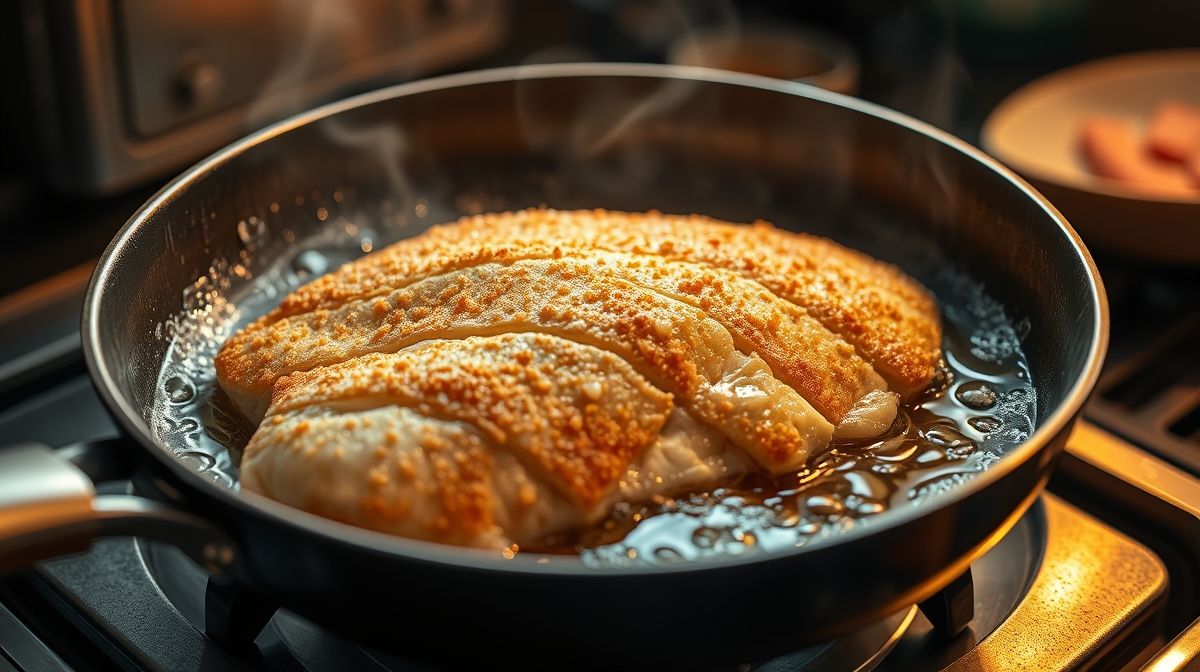 Imagem do processo de fritura do filé de Polaca-do-Alasca em frigideira, óleo quente, empanamento triplo visível, close na textura crocante do peixe