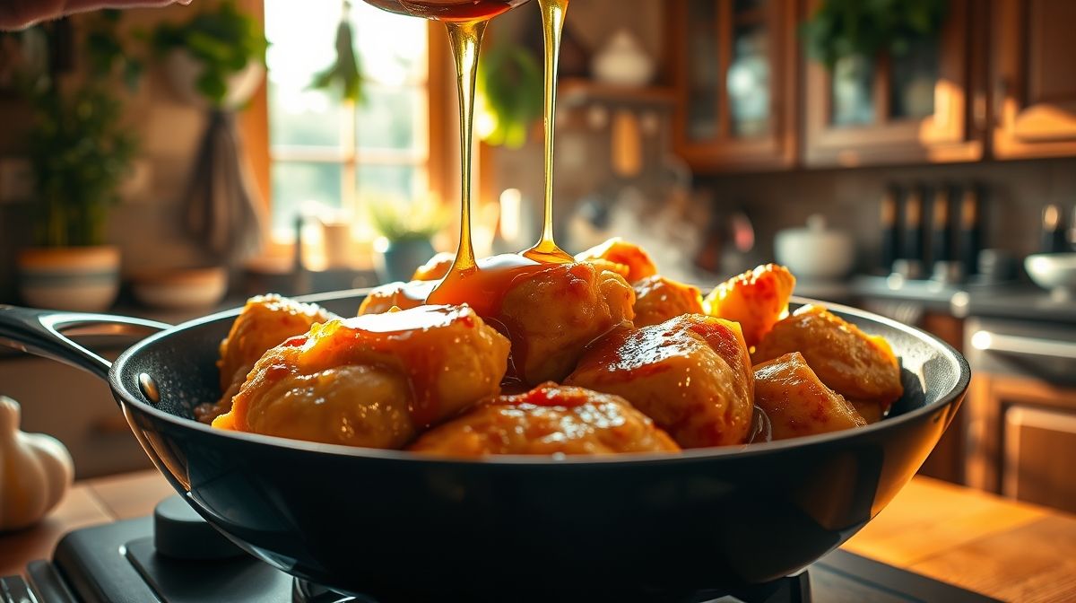 Close-up da preparação do frango agridoce em uma frigideira grande, com mel e alho sendo adicionados, mostrando textura dourada do frango, em cozinha iluminada e ambiente aconchegante