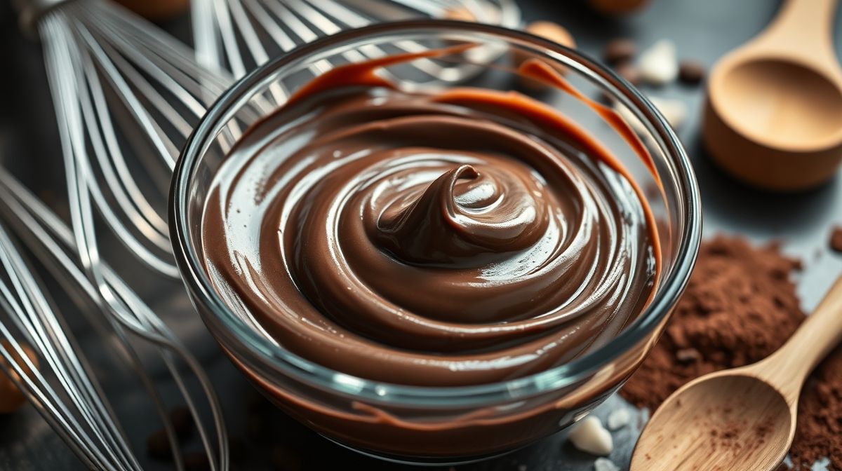 Close-up de ganache de chocolate aerada cremosa em tigela transparente, textura aerada visível, utensílios de cozinha ao redor, estilo fotográfico realista