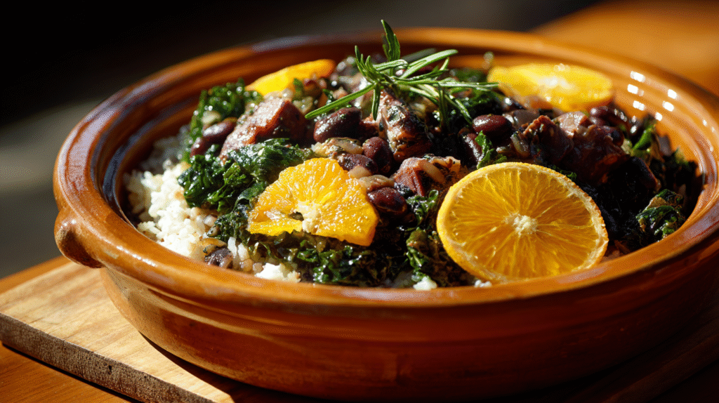 Mãos adicionando carnes e feijão em panela grande durante o cozimento da feijoada