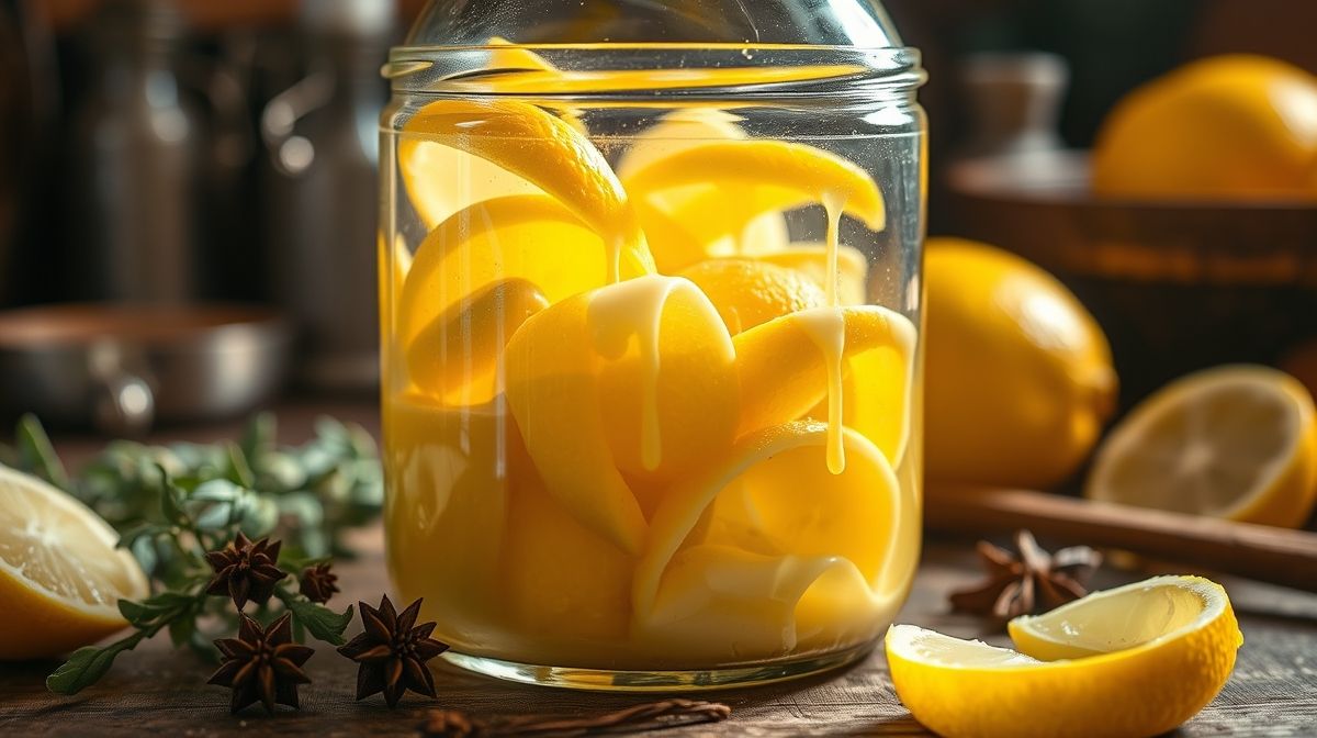 Close-up do processo de preparo do licor de limão cremoso com chocolate branco, mostrando cascas de limão em infusão na vodka dentro de um pote de vidro transparente