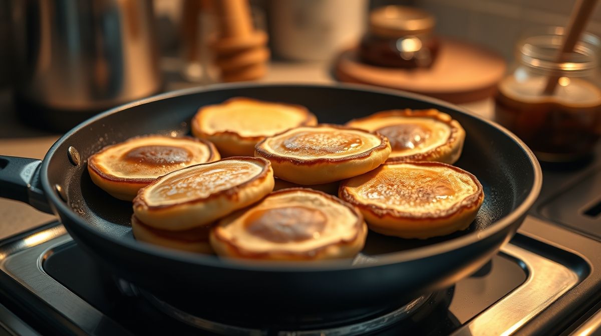 mini panquecas na frigideira antiaderente sendo viradas, destaque na textura dourada, cenário de cozinha caseira acolhedora