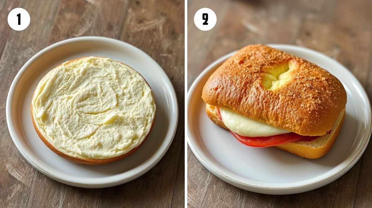 Passo a passo do preparo de misto quente: mostrando pão de forma sendo untado com manteiga, fatias de presunto e queijo prato sobre o pão, sanduíche fechado e sido grelhado em frigideira antiaderente