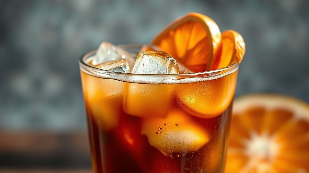 Imagem close-up de um copo com mocktail gelado de café e suco de laranja, com gelo visível e decorado com fatias finas de laranja desidratada, fundo desfocado, estilo fotografia gastronômica