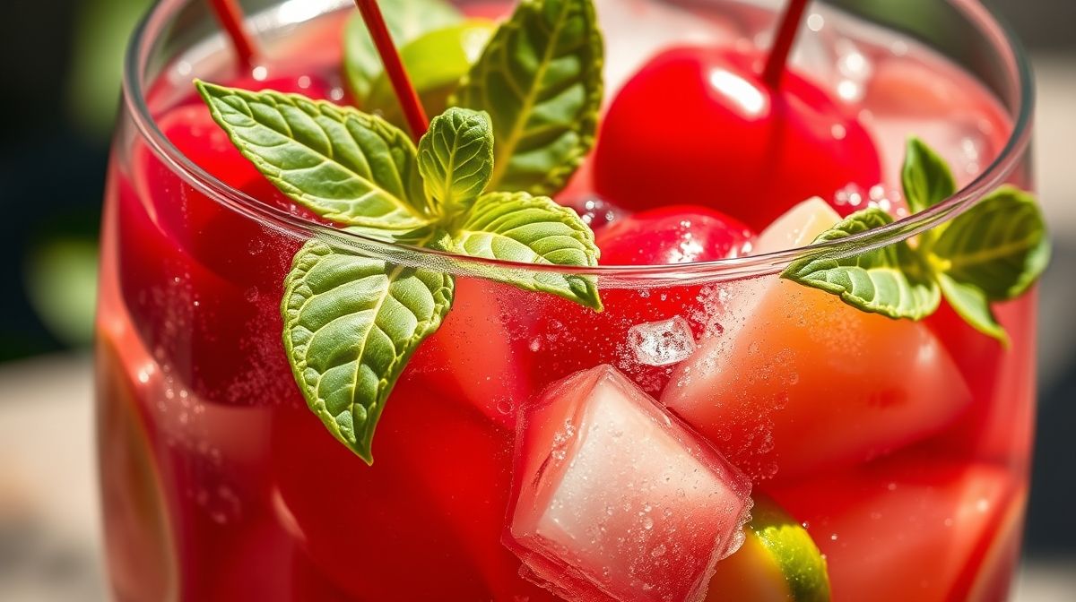 Close-up de um copo com mocktail de cereja e limão, mostrando as frutas vermelhas, pedaços de limão e folhas de manjericão, com gelo e bolhas de refrigerante, iluminação natural enfatizando cor e textura