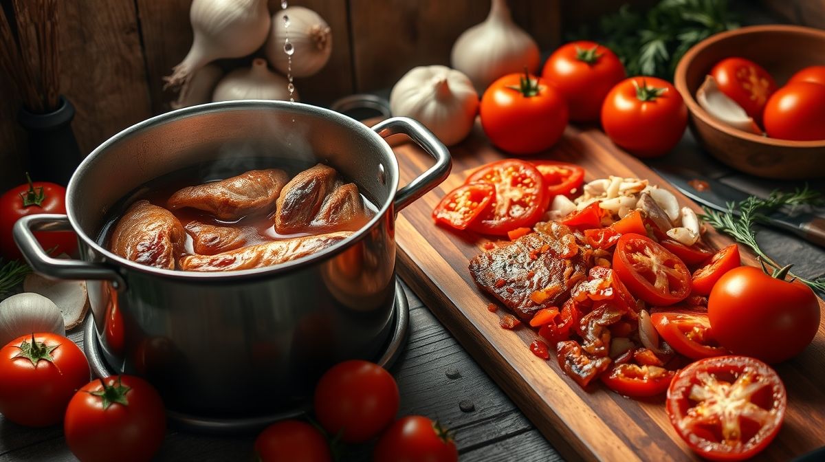 Passo a passo da receita de molho de tomate para carne: tomates frescos brilhantes com pele sendo removida após mergulhos em água fervente, alho e cebola picados em uma tábua de madeira, panela com carne dourada e utensílios de cozinha em estilo caseiro