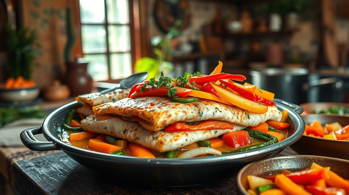 Imagem detalhada mostrando as etapas do preparo da moqueca de pintado, com postas de peixe marinado, legumes em camadas, temperos como leite de coco e azeite de dendê, em ambiente de cozinha típica brasileira