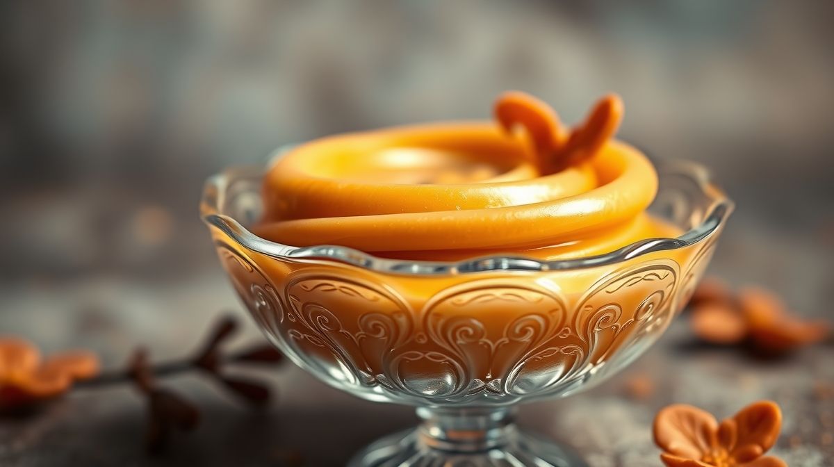 Imagem close-up de Namelaka de doce de leite mostrando textura cremosa e sedosa em taça transparente, decorada com delicados detalhes, fundo desfocado, alta resolução