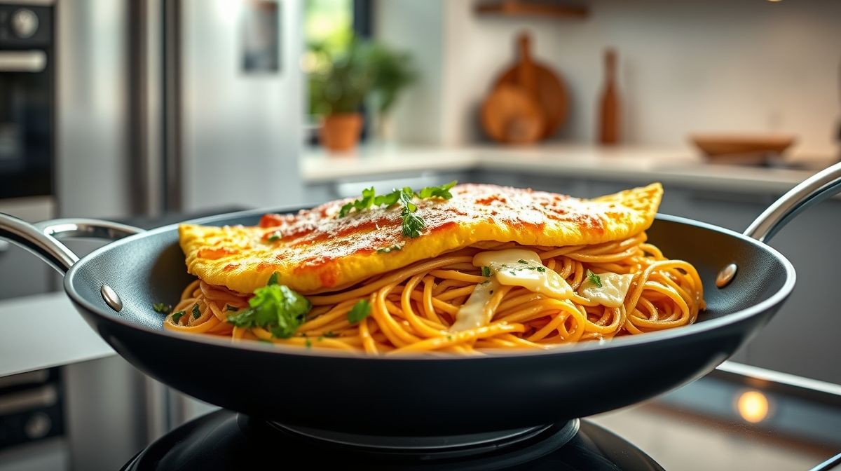 close-up de omelete de espaguete dourado sendo servido em frigideira antiaderente, cozinha moderna, luz natural, verdura e queijo visíveis, estilo food photography