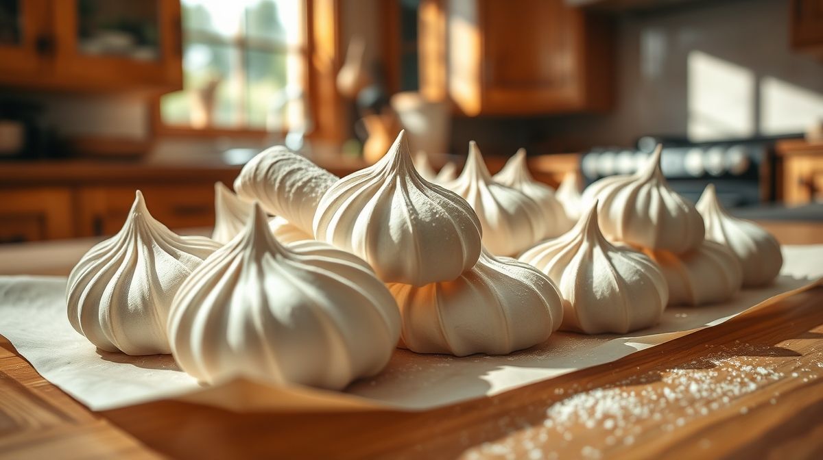 Close detalhado de ossinhos de suspiro brancos e crocantes sobre papel manteiga, ambiente de cozinha, luz natural suave, estilo realista e convidativo