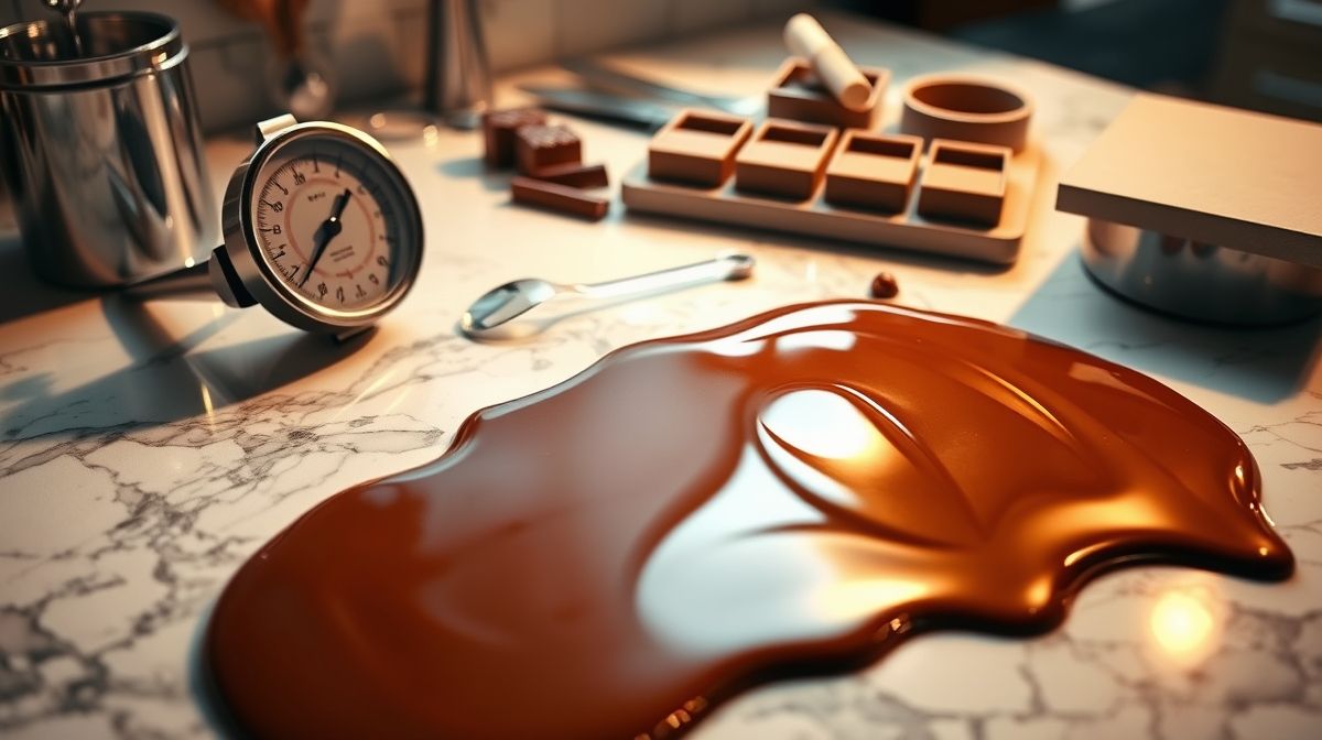 Imagem de passo a passo da temperagem do chocolate ao leite, com termômetro culinário, chocolate derretido e espalhado sobre superfície de mármore, utensílios de confeitaria e ambiente de cozinha organizado
