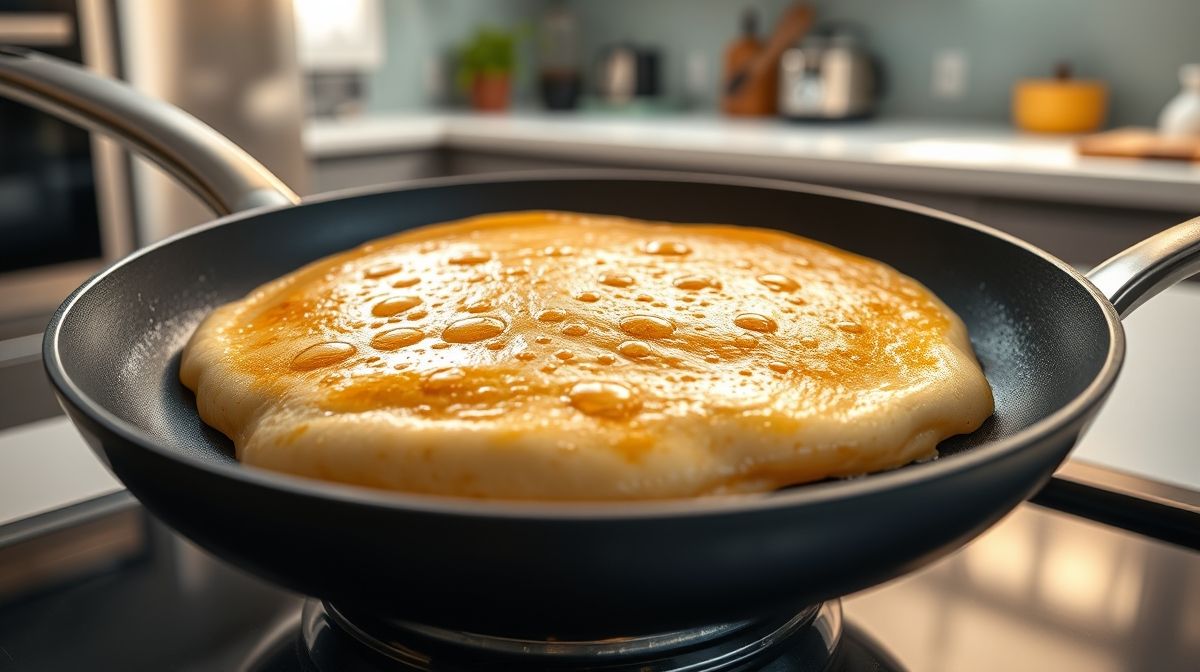 Imagem close de uma frigideira antiaderente com massa de panqueca americana dourando na hora do preparo, foco na textura com bolhas na superfície, cozinha moderna e luz natural